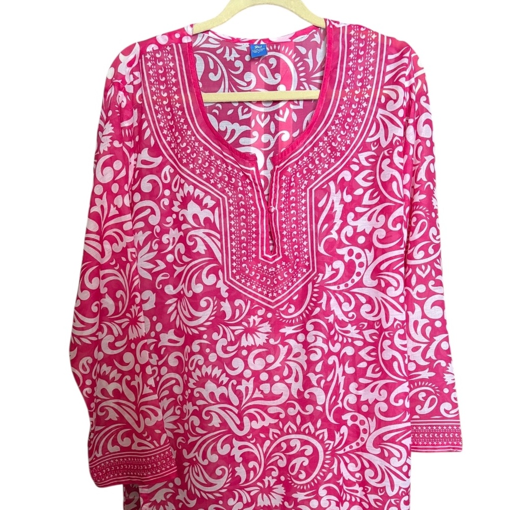 RAJ 100% Silk TUNIC, L, pink & white, new